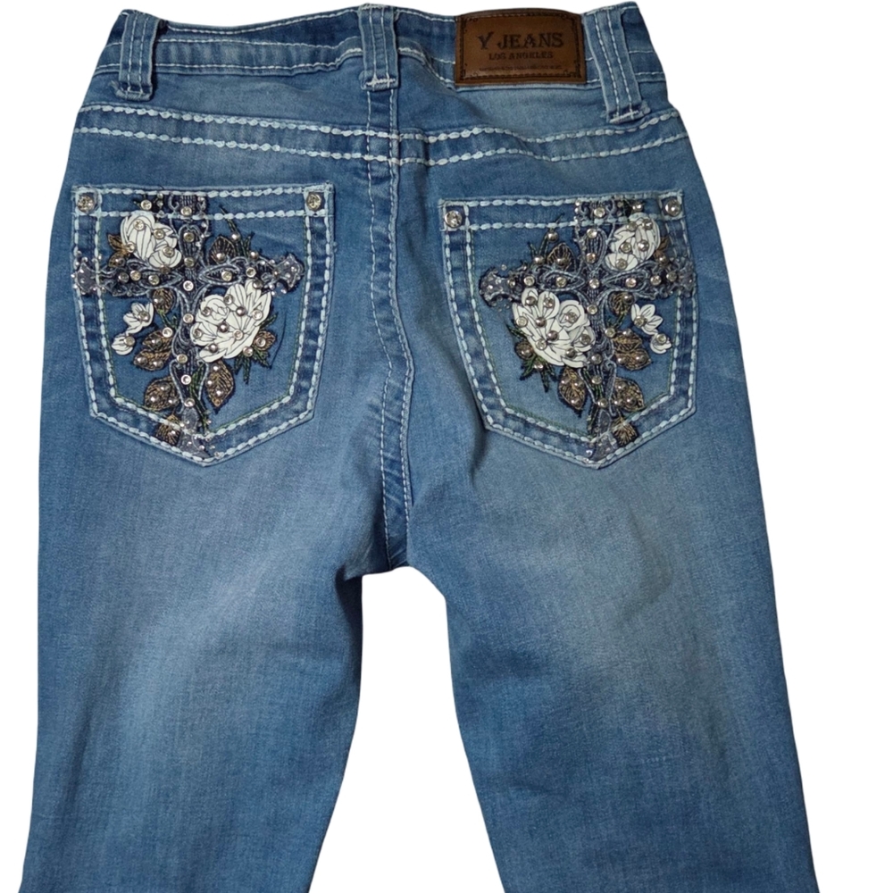 Y Jeans Los Angeles Embellished Bootcut Jeans Womens Sz 3/4 Cross Pocket - Picture 3 of 8